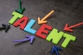 Business talents finding, recruitment for HR, Human Resource concept, colorful arrows pointing to alphabet TALENT at the center of