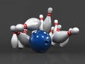 Business target concept, bowling stuff ball and skittles isolated on dark background, Exact hit, 3D rendering,