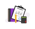 Business and tax audit icon design. Documents with pencil, calculator and notebook illustration. Finance report and tax calculatin Royalty Free Stock Photo