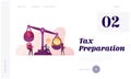 Business Taxation Landing Page Template. Businesspeople Characters Put Heavy Tax and Money Weight on Huge Scales