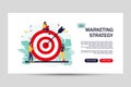 Business team achieving goal. Landing page for web. Marketing strategy concept. People near huge target with arrow. Vector