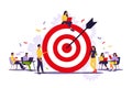 Business team achieving goal. Marketing strategy concept. People near huge target with arrow. Vector illustration. Isolated flat