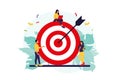 Business team achieving goal. Marketing strategy concept. People near huge target with arrow. Vector illustration. Isolated flat