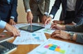 Business team analyzes financial reports on digital tablet. Group discusses project, examines charts graphs, developing strategy. Royalty Free Stock Photo