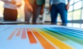 close up of colorful bar chart data on paper with blurred people standing in background in modern office environment Royalty Free Stock Photo