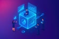 Business team analyzing data on glowing cube with charts and graphs in isometric view analysis technology Royalty Free Stock Photo