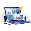 Business Data Analytics Vector Illustration: Laptop Dashboard with Miniature People and Financial Charts Royalty Free Stock Photo