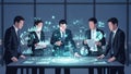 Business team analyzing futuristic data charts and graphs on interactive table meeting analysis Royalty Free Stock Photo