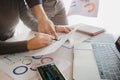 Business team analyzing sales data and economic growth graph chart on office table with laptop and smart phone, Brainstorming, Royalty Free Stock Photo