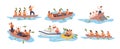 Business team in boat vector illustrations set. Teamwork, stuff cooperation concept. Different situations, joint problem