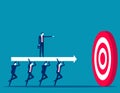 Business team carry huge arrow with leader standing on it running to huge target. Business goals achievement vector concept