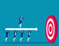 Business team carry huge arrow with leader standing on it running to huge target. Business goals achievement vector concept