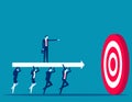 Business team carry huge arrow with leader standing on it running to huge target. Business goals achievement vector concept