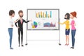 Business Team Cartoon Characters Meeting and Talking in front of Office Whiteboard with Charts and Diagrams. 3d Rendering
