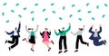 Business team celebrating victory success. Money rain, successful invest and growth corporate. Happy flat office sapid Royalty Free Stock Photo