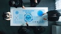 Business team discussing customer relationship management strategies and analyzing data on a modern interactive table in Royalty Free Stock Photo