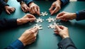 Business team collaborates on jigsaw puzzle. Teamwork, strategy key. Problem-solving. Office environment. Hands assemble puzzle