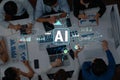 Business team collaborating on artificial intelligence project with data analysis, charts, and digital interface in Royalty Free Stock Photo