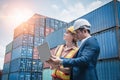 Business Team Container Cargo Shipping Control Inspection Loading Dock and Management Import/Export Freight at Port Ship Yard. Royalty Free Stock Photo