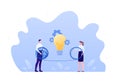 Business team creative idea solution concept. Vector flat person illustration. Male and female untagle tangled thread. Light bulb