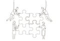 Business team doing a puzzle - one line design style illustration Royalty Free Stock Photo