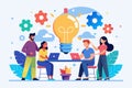 Business team engages in brainstorming session with innovative ideas represented by a lightbulb in a modern office setup Royalty Free Stock Photo