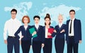 Business team formed of young businessmen standing over on world map background. Royalty Free Stock Photo