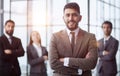 business team friendly group of four coworkers posing at office standing close together Royalty Free Stock Photo