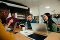 Business team gather in lunch foyer to discuss new project before conference meeting in board room Royalty Free Stock Photo