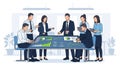Business team gathered around a large interactive table with data visualizations and charts Royalty Free Stock Photo