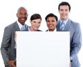 Business team holding a big white card Royalty Free Stock Photo