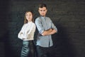 business team male and female formed of young businessmen standing over a dark background Royalty Free Stock Photo