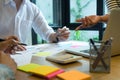 business team man and woman work with laptop on wood table Royalty Free Stock Photo