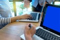 business team man and woman work with laptop on wood table Royalty Free Stock Photo