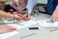 Business Team networking - office Table with Charts and People Hands Royalty Free Stock Photo