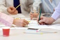 Business Team networking - office Table with Charts and People Hands Royalty Free Stock Photo