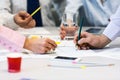 Business Team networking - office Table with Charts and People Hands Royalty Free Stock Photo