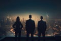 Business team, people in suits stand with their backs against the backdrop of skyscrapers. AI generative