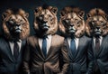 Business team portrait with lion heads. Teamwork and confidence. Generative ai