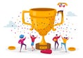 Business Team Project Success. Group of People Characters Stand at Huge Golden Goblet Celebrate Victory Royalty Free Stock Photo