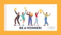 Business Team Project Success Landing Page Template. Group of Characters Holding Golden Cups Celebrate Victory Royalty Free Stock Photo