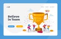 Business Team Project Success Landing Page Template. People Characters Stand at Huge Golden Goblet Celebrate Victory Royalty Free Stock Photo