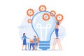 Business team putting gears on big lightbulb. New idea engineering, business model innovation and design thinking concept on white Royalty Free Stock Photo