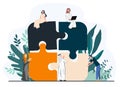 Business team putting together jigsaw puzzle isolated flat vector illustration. Cartoon partners working in connection. Teamwork, Royalty Free Stock Photo