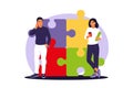 Business team putting together puzzle. Cartoon partners working in connection. Symbol of teamwork, cooperation, partnership. Flat Royalty Free Stock Photo