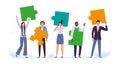 Business team with puzzle pieces. Office workers solve puzzle, employee cooperation and teamwork communication flat Royalty Free Stock Photo