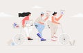 Business team riding tandem bicycle. Businessman and businesswoman characters on bike. Successful teamwork and