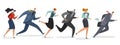 Business team running. Persons waving flag and jogging follow leader to professional triumph winning illustration