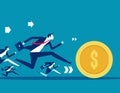 Business team runs behind a rolling coin Royalty Free Stock Photo
