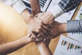 Business team shaking hands of unity after a meeting to sign agreement and become partner in the office, contract between their f Royalty Free Stock Photo